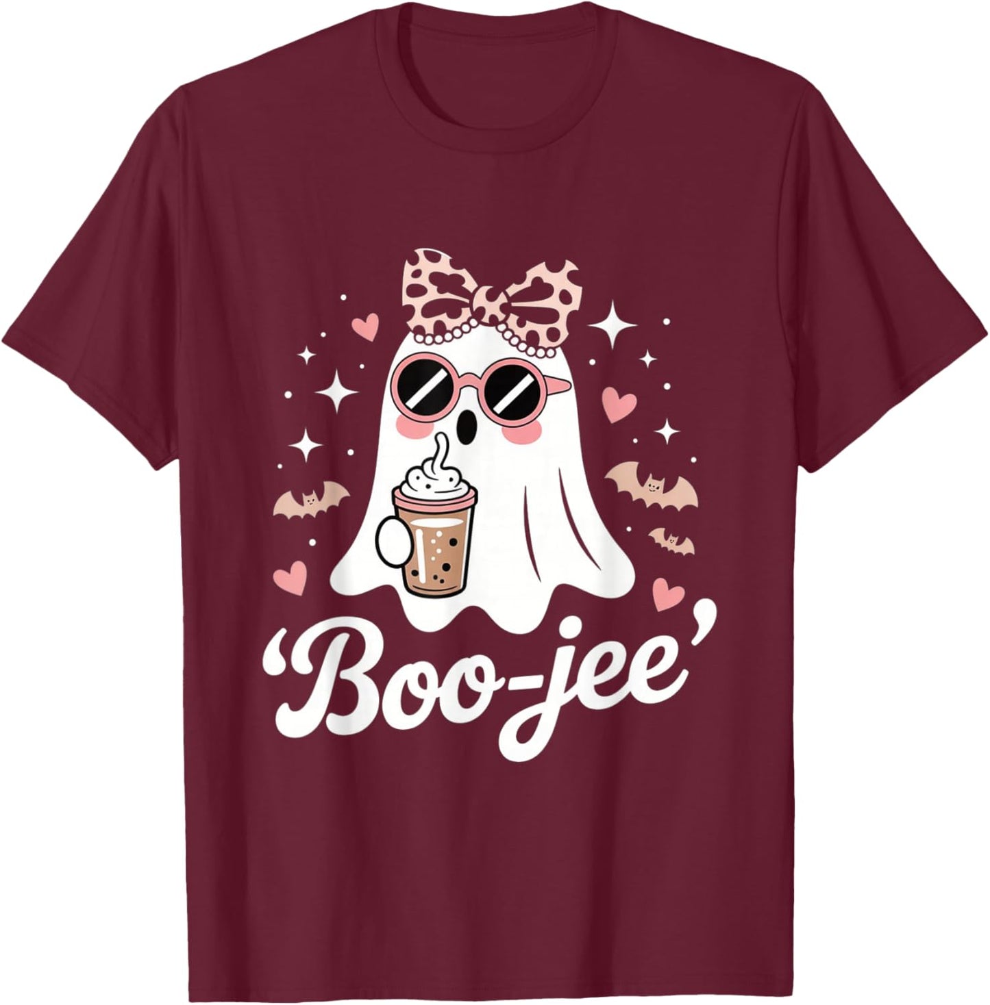 Coquette Leopard Ghost Coffee Boo-JEE Halloween Boujee Ghost T-Shirt - T-Shirt | Maroon
