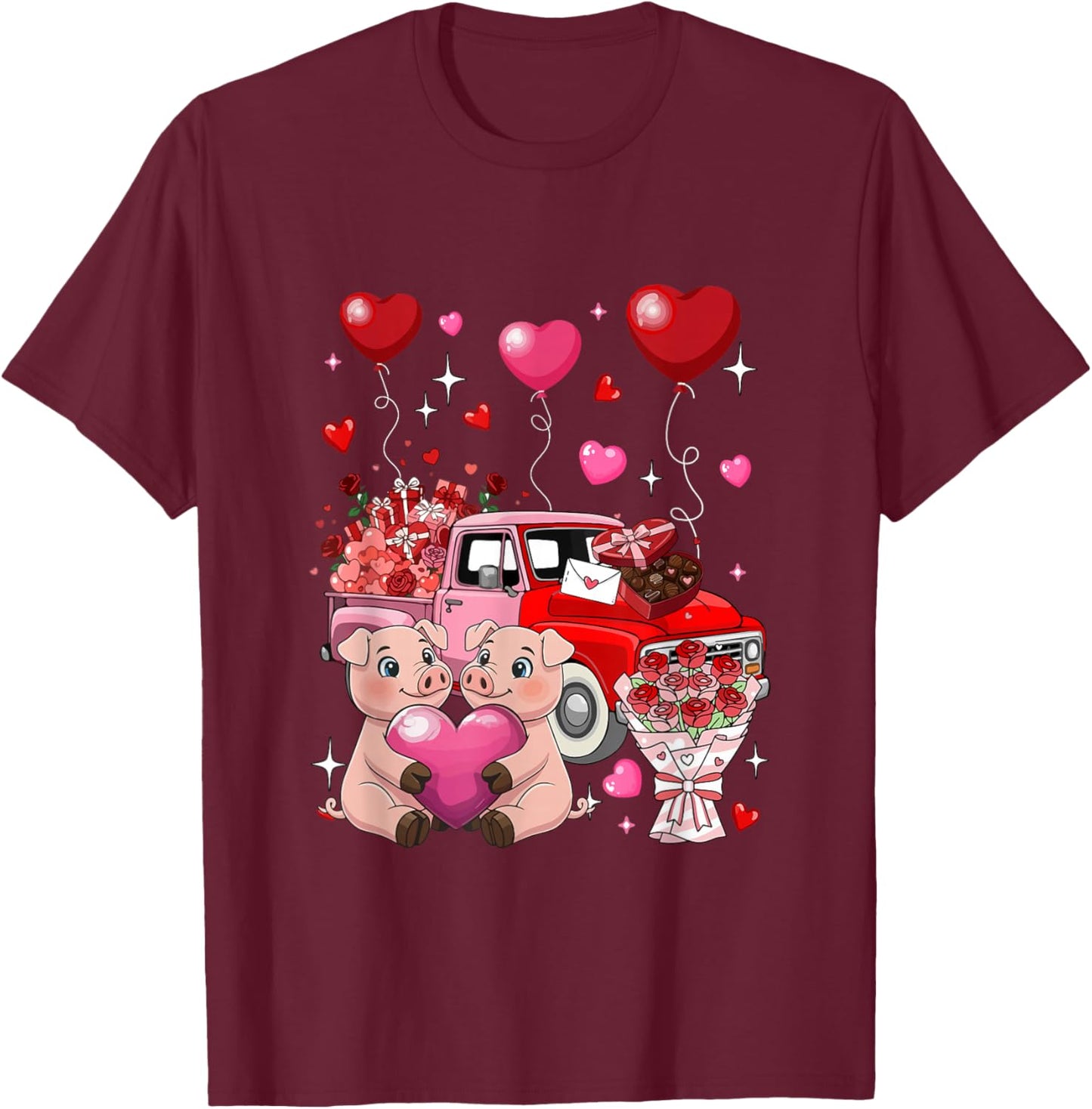 Couple Pigs Pickup Truck Carrying Flowers Valentine Hearts T-Shirt - T-Shirt | Maroon