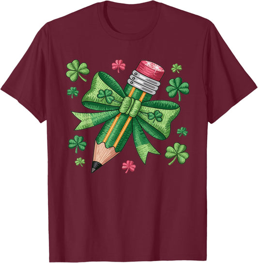 Teacher St. Patrick’s Day Pencil with Bow Shamrock Graphic T-Shirt - T-Shirt | Maroon
