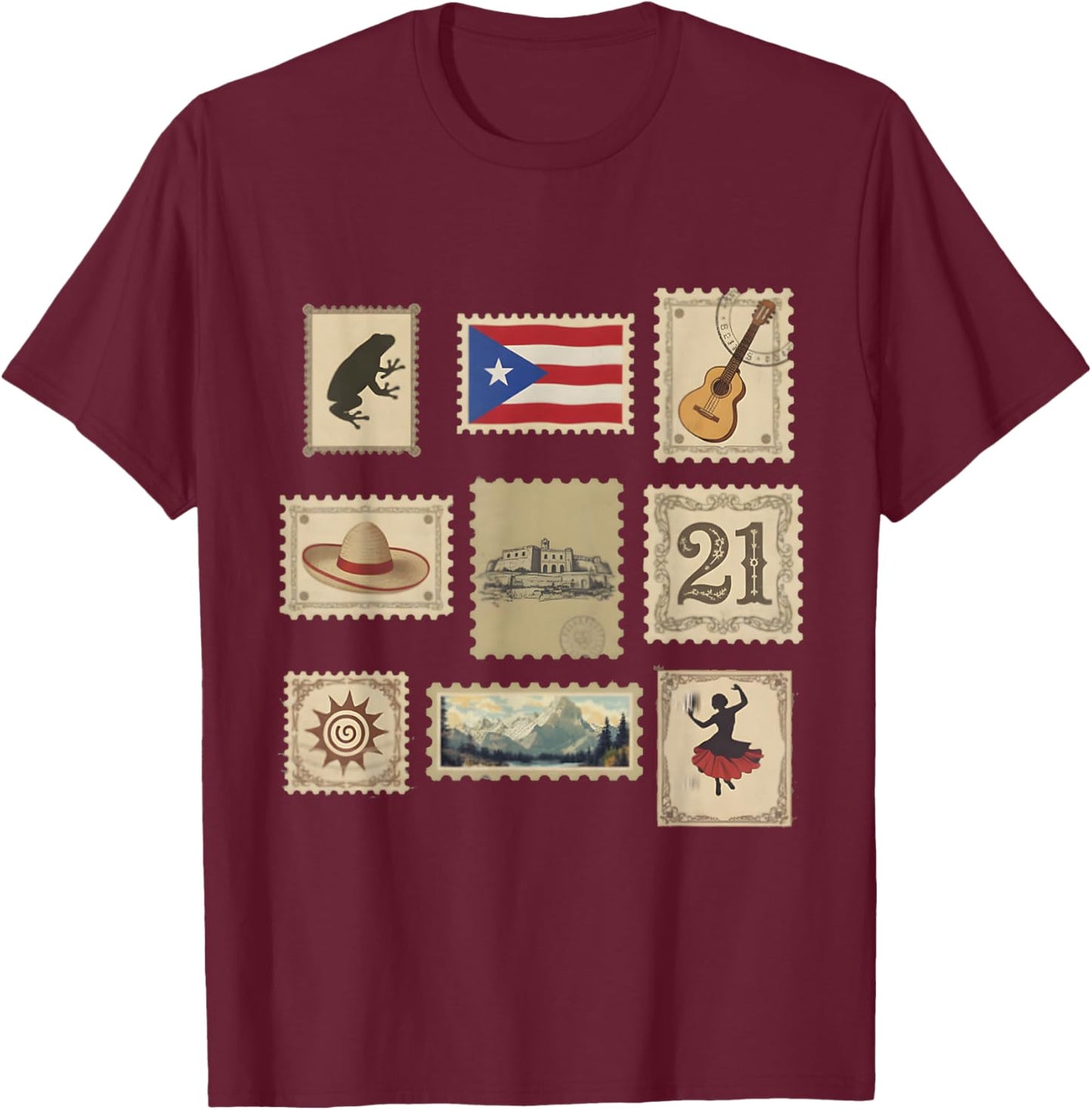 Boricua Puerto Rico Stamps 21 Coqui El Morro Salsa T-Shirt - T-Shirt | Maroon