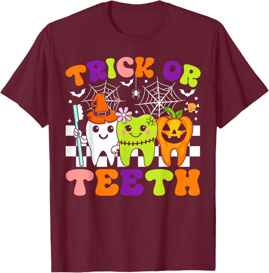 Trick Or Teeth Funny Dental Halloween Costumes Treat Dentist T-Shirt - T-Shirt | Maroon