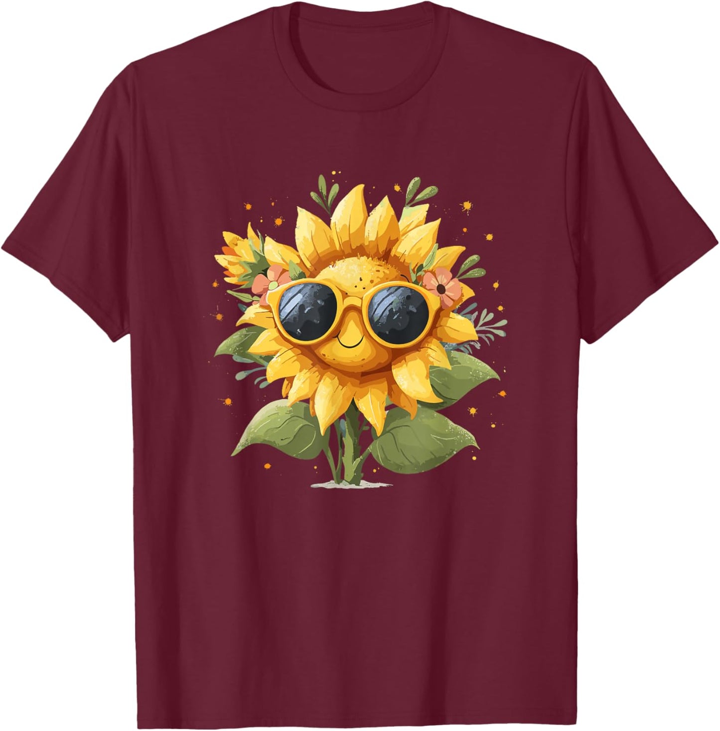 Smiling Sunflower with Sunglasses Cute Summer Bloom T-Shirt - T-Shirt | Maroon