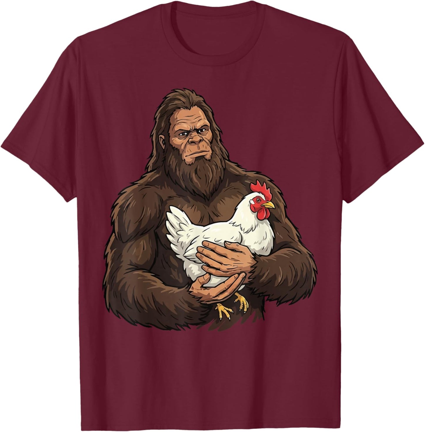 Bigfoot Holding Chicken T-Shirt - T-Shirt | Maroon