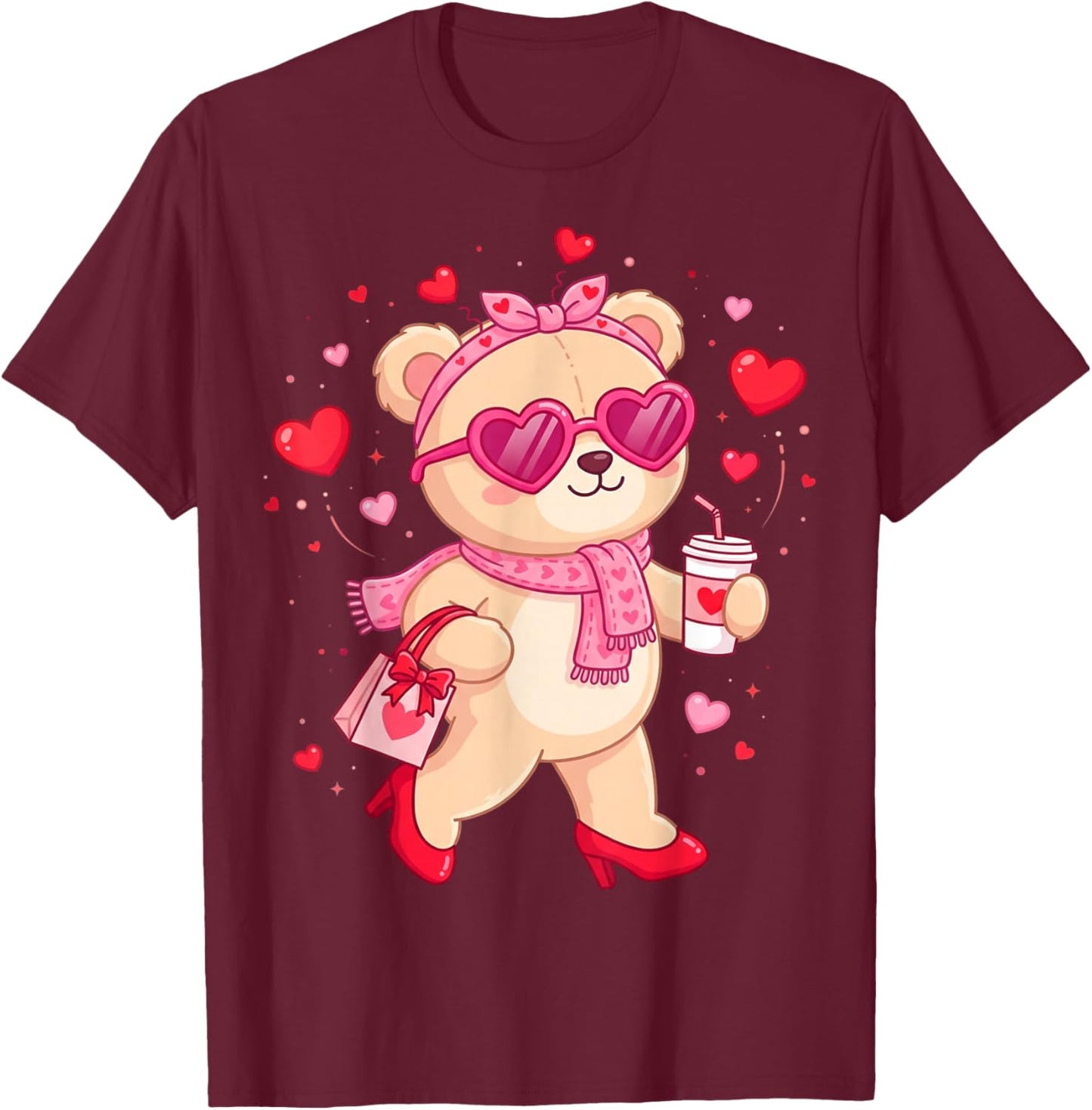 Cute Teddy Bear Women Valentines Day Shirt Girl Heart T-Shirt - T-Shirt | Maroon