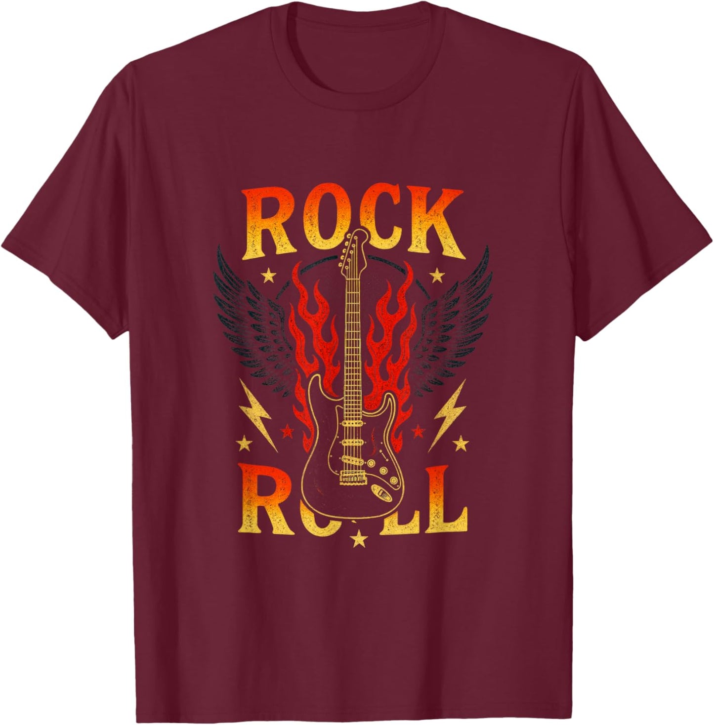 Rock Roll - Vintage Guitar Wings Music T-Shirt - T-Shirt | Maroon