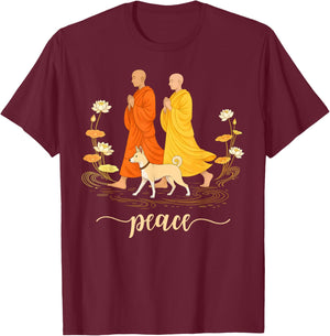 Walk for Peace Monk and Faithful Dog Zen Calm Minimalist Art T-Shirt - T-Shirt | Maroon