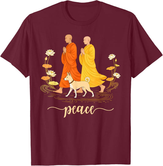 Walk for Peace Monk and Faithful Dog Zen Calm Minimalist Art T-Shirt - T-Shirt | Maroon