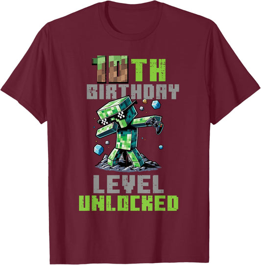 10th Birthday Level Unlocked Pixel Dab 10 Bday Gamer Boys T-Shirt - T-Shirt | Maroon