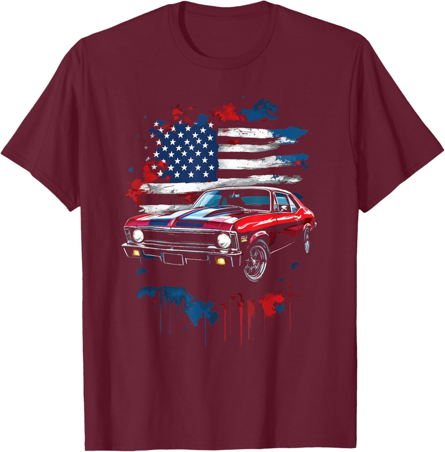 American Flag Patriotic Muscle Car 1969 Nova SS Classic Car T-Shirt - T-Shirt | Maroon