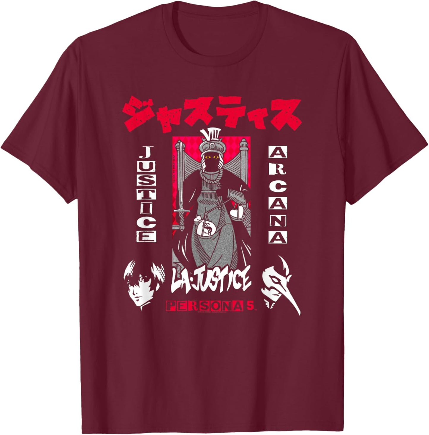 Persona 5 Justice Arcana with Kanji RPG Video Game T-Shirt - T-Shirt | Maroon