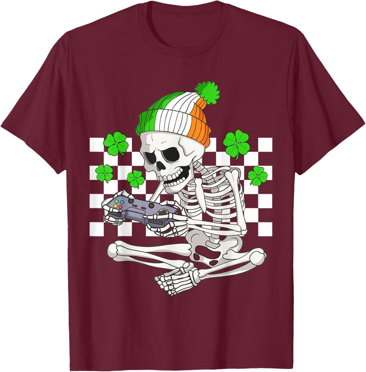 Boys St Patricks Day Skeleton Gamer Video Games Gaming T-Shirt - T-Shirt | Maroon