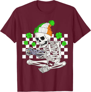 Boys St Patricks Day Skeleton Gamer Video Games Gaming T-Shirt - T-Shirt | Maroon