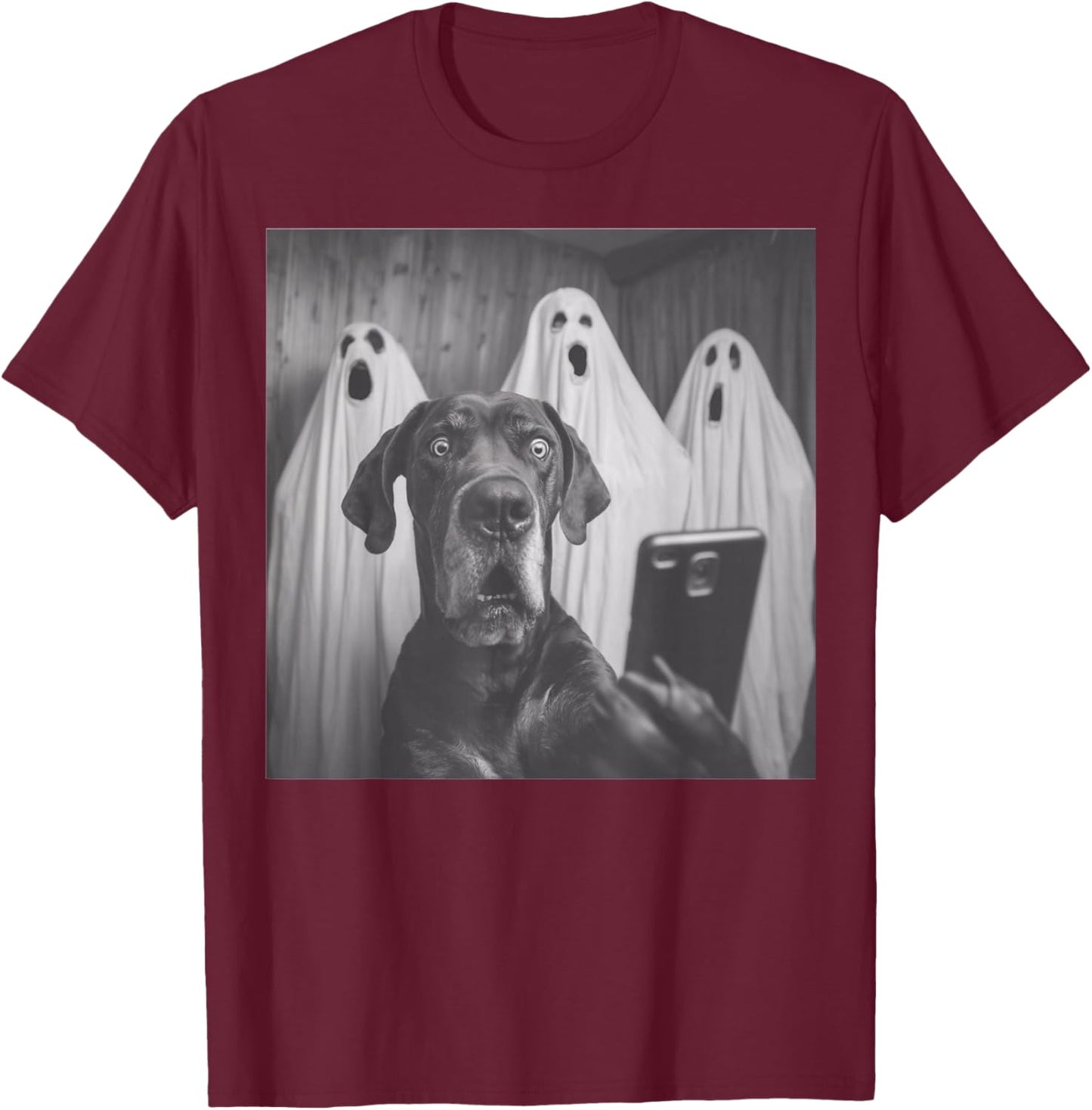 Funny Great Dane Selfie Halloween Ghost Design T-Shirt - T-Shirt | Maroon