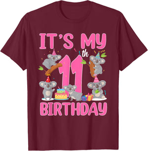 11 Year Old Birthday Girl 11th Birthday Koala Theme Party T-Shirt - T-Shirt | Maroon