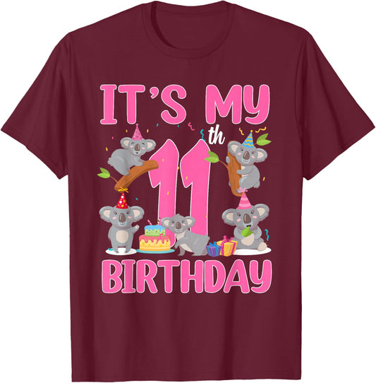 11 Year Old Birthday Girl 11th Birthday Koala Theme Party T-Shirt - T-Shirt | Maroon