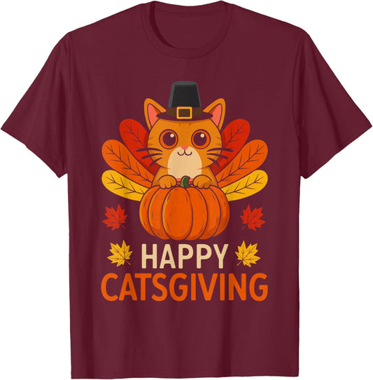 Happy Catsgiving Funny Thanksgiving Cat Turkey T-Shirt - T-Shirt | Maroon