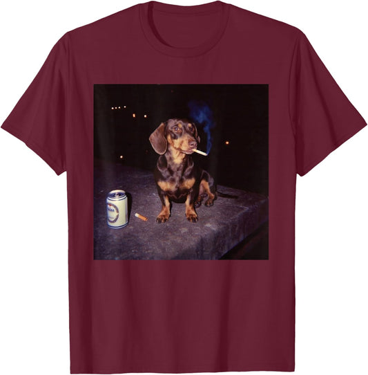 Funny Smoking Dachshund Cigarette Beer Gen Z Stupid Brainrot T-Shirt - T-Shirt | Maroon