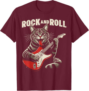 Cat Electric Guitar Rock and Roll Rocker Kitten Men Boys Kid T-Shirt - T-Shirt | Maroon