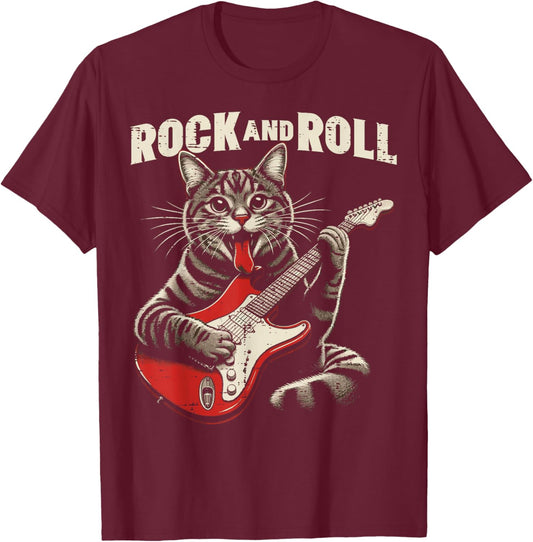 Cat Electric Guitar Rock and Roll Rocker Kitten Men Boys Kid T-Shirt - T-Shirt | Maroon