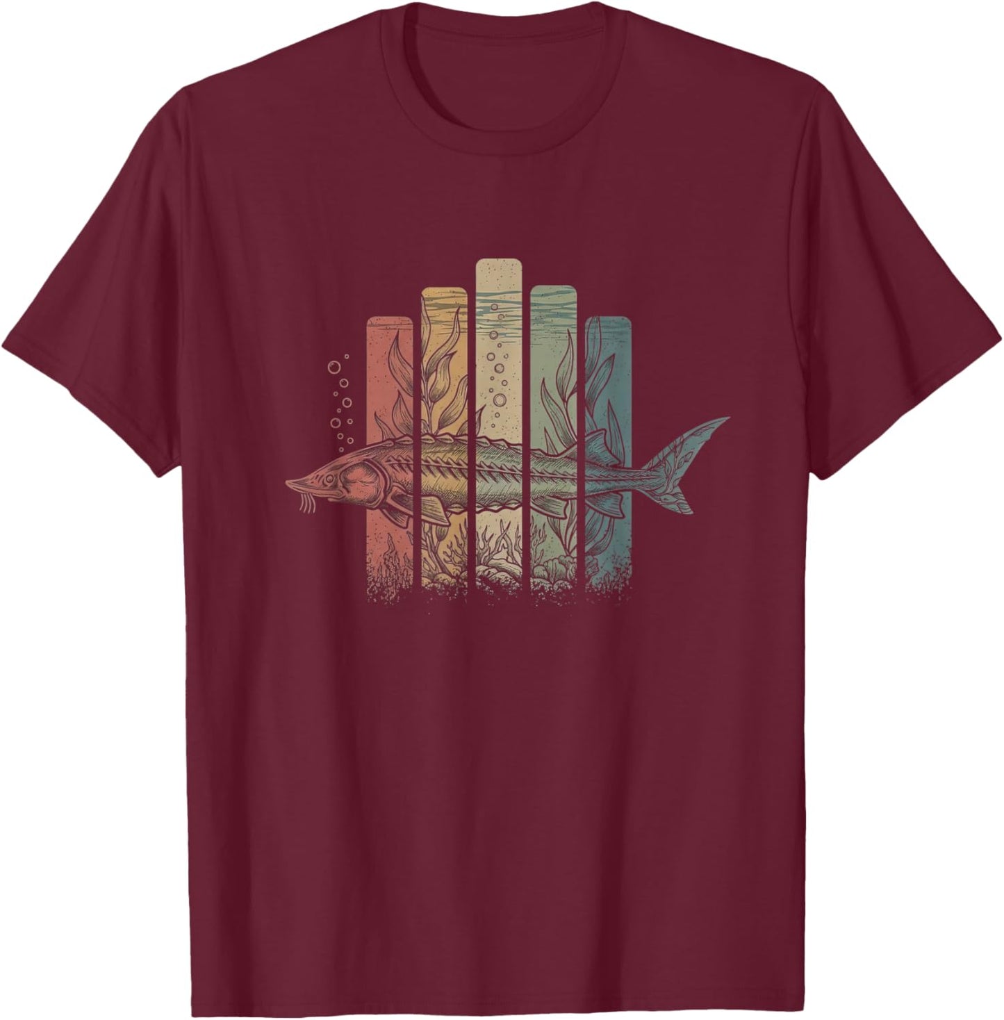 Retro Sturgeon Drawing Art Design T-Shirt - T-Shirt | Maroon