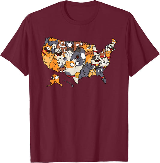 Meowy Map of The United States Men Women Kids Funny Cat T-Shirt - T-Shirt | Maroon