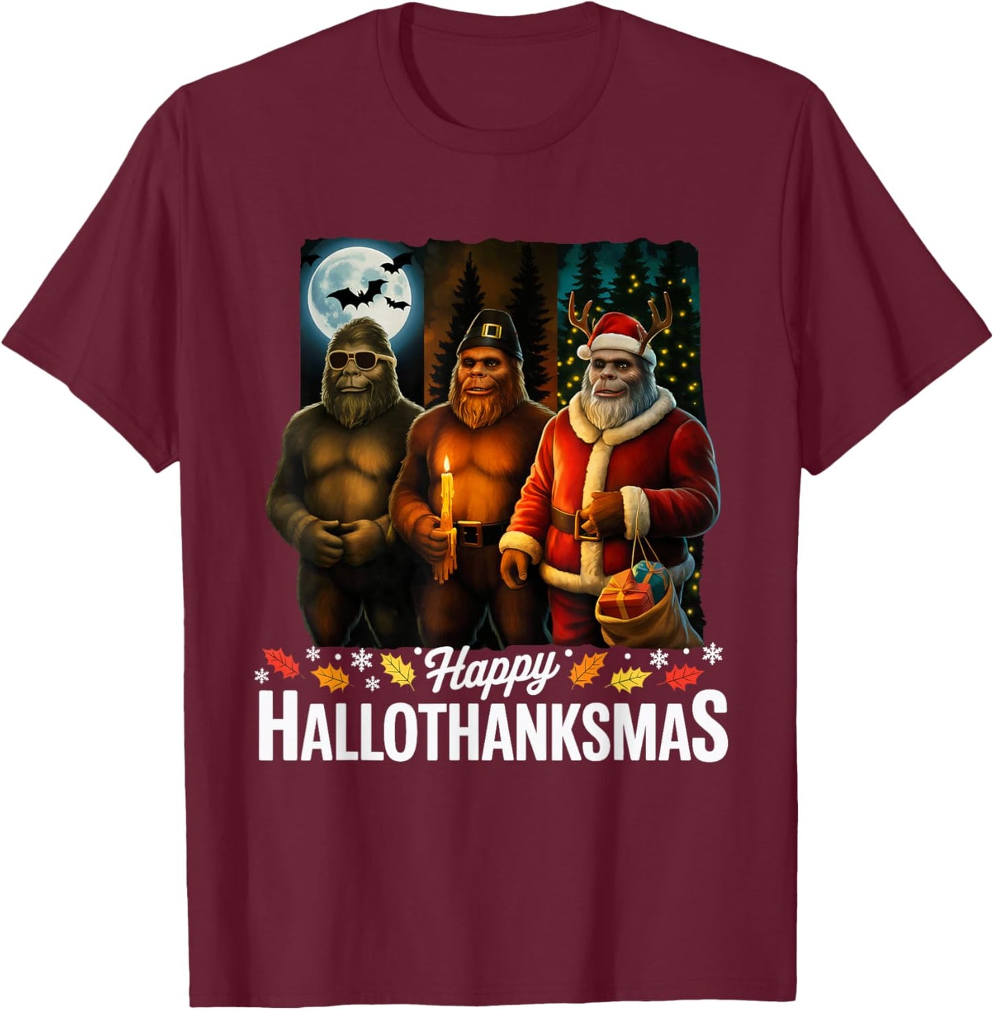 Happy Hallothanksmas Halloween Xmas Sasquatch Bigfoot Squad T-Shirt - T-Shirt | Maroon