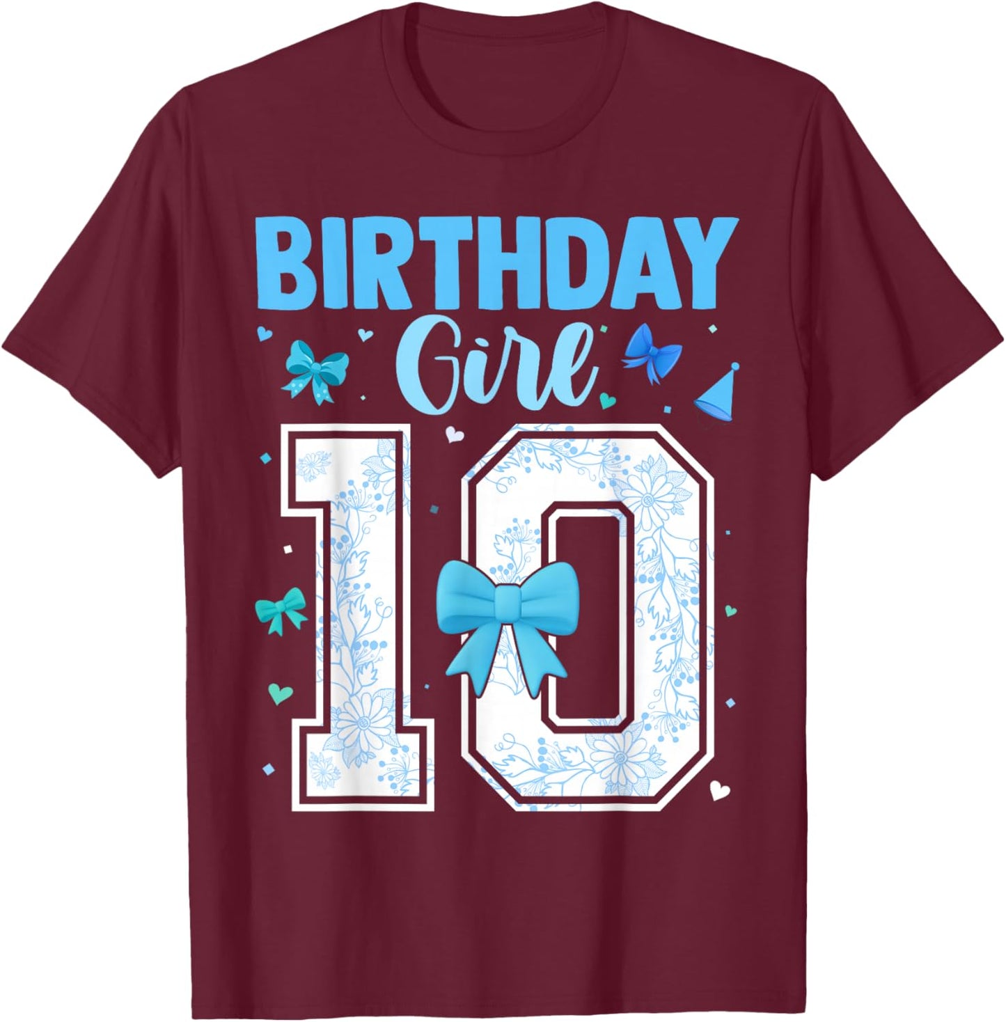 10th Birthday Girl Blue Toile Coquette Bow 10 Year Old T-Shirt - T-Shirt | Maroon