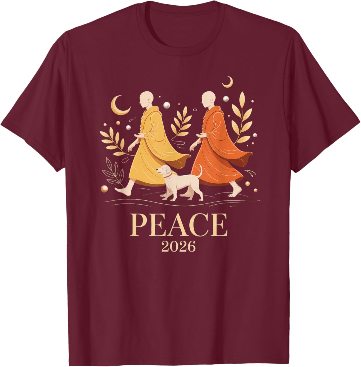 Walk Peace 2026 World Peace Monks with Aloka Dog T-Shirt - T-Shirt | Maroon