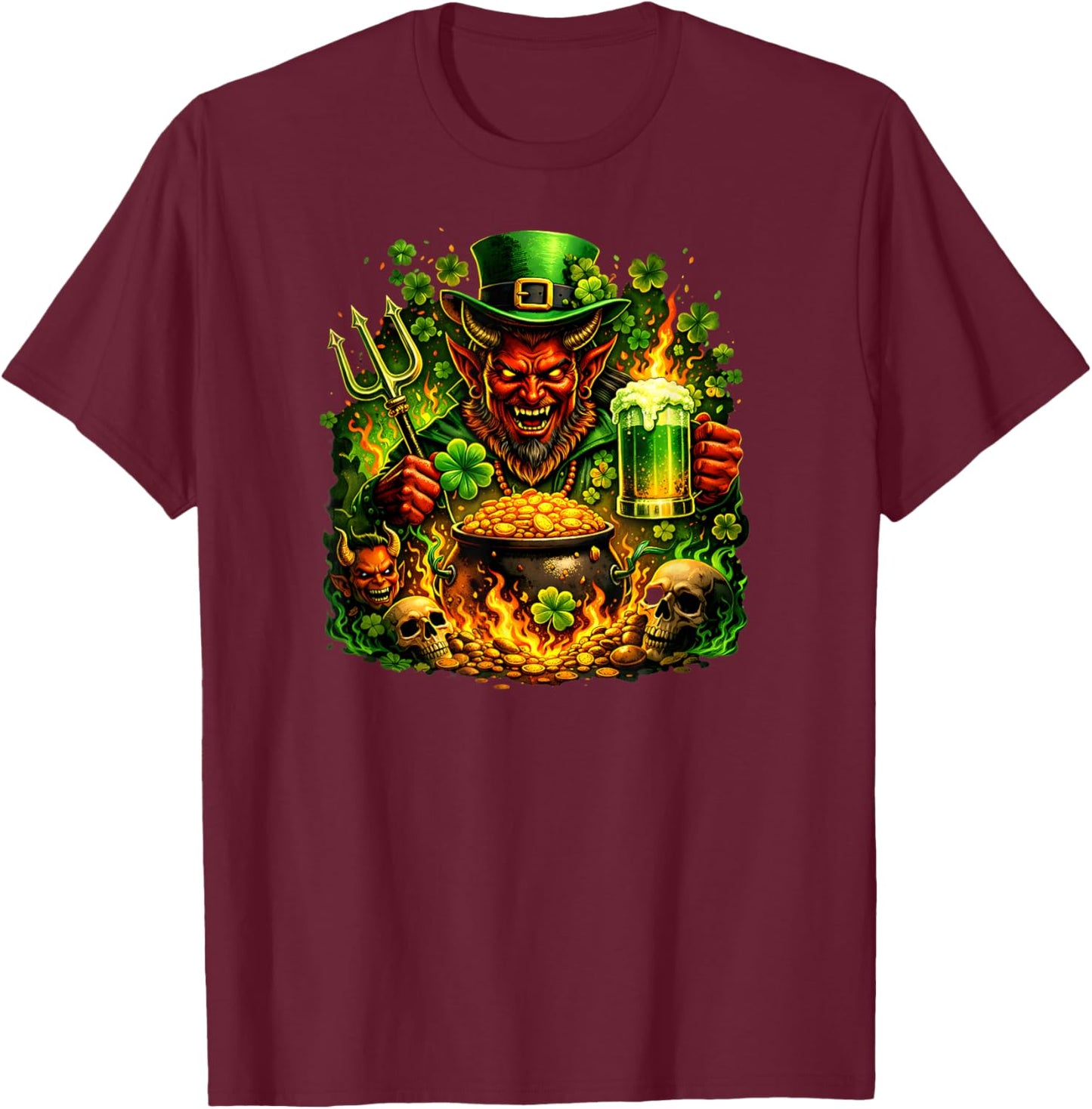 Dark St Patricks Day Evil Leprechaun Devil Skull Men Graphic T-Shirt - T-Shirt | Maroon
