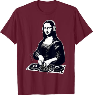 Mona Lisa DJ Scratching Vinyl Turntable EDM Techno Vintage T-Shirt - T-Shirt | Maroon