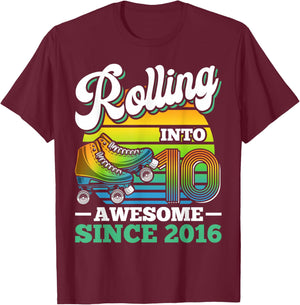 Rolling Into 10 Roller Skating Birthday Party 10th Birthday T-Shirt - T-Shirt | Maroon