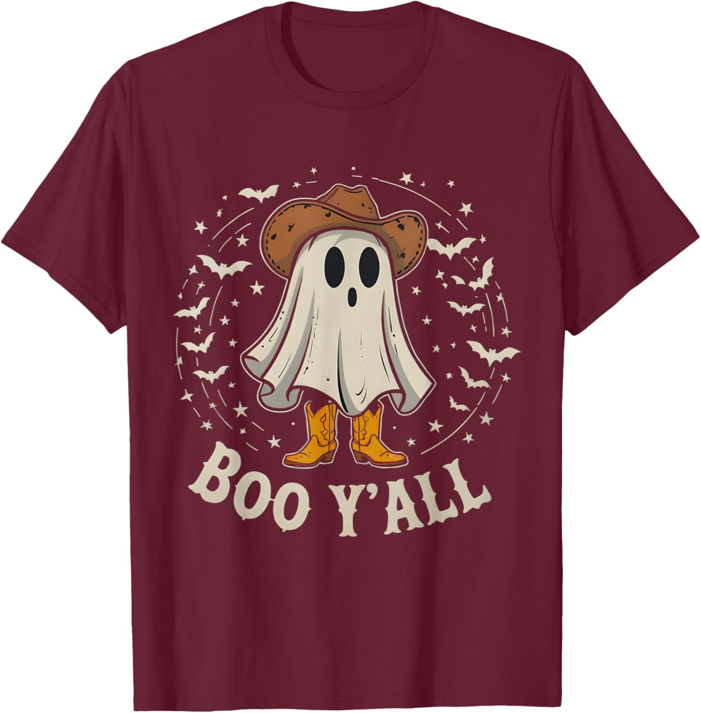 Western Country Halloween Southern Retro Ghost Boo Y'all T-Shirt - T-Shirt | Maroon