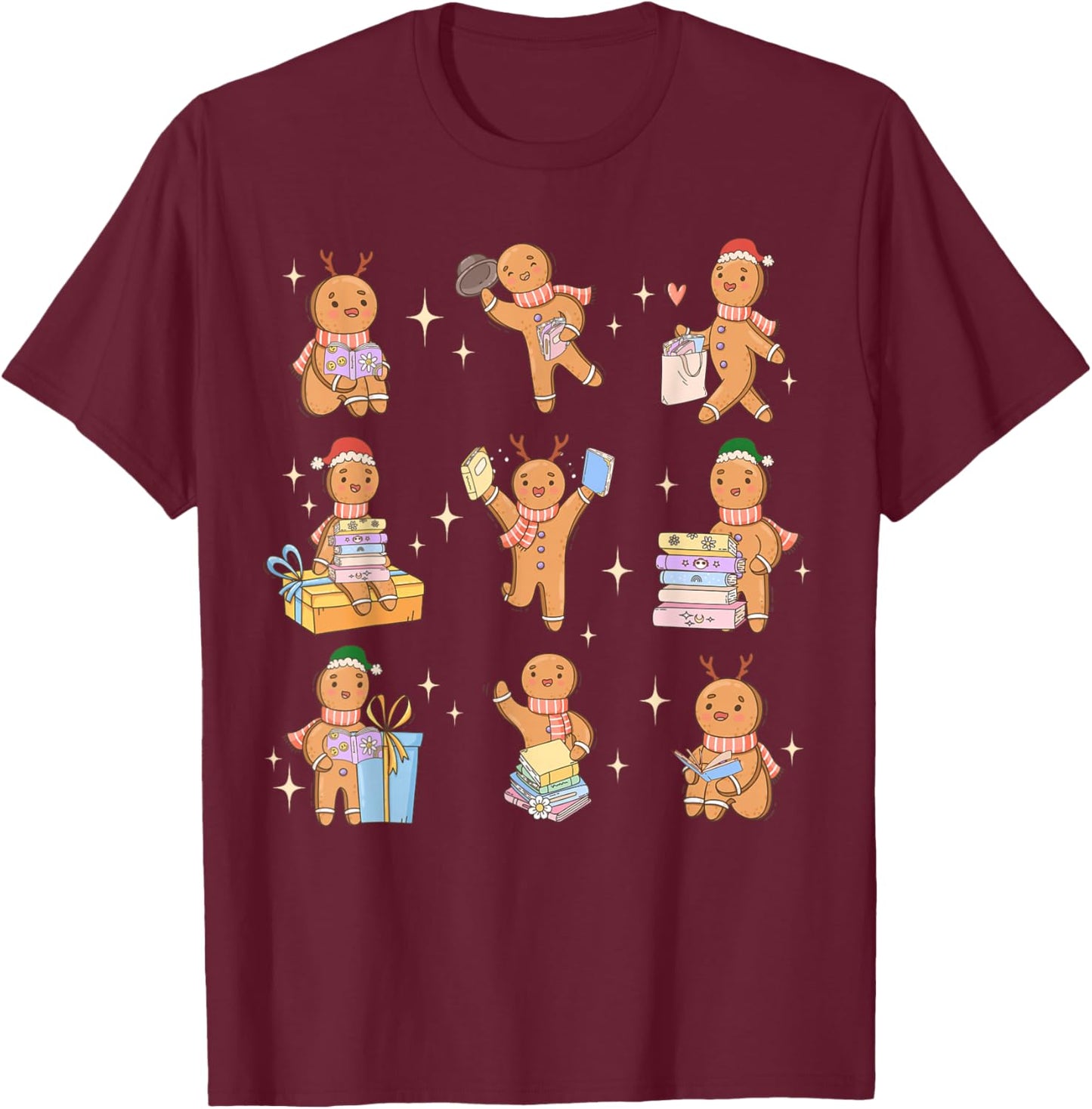Christmas Cookies Gingerbread Reading Books Santa Reindeer T-Shirt - T-Shirt | Maroon