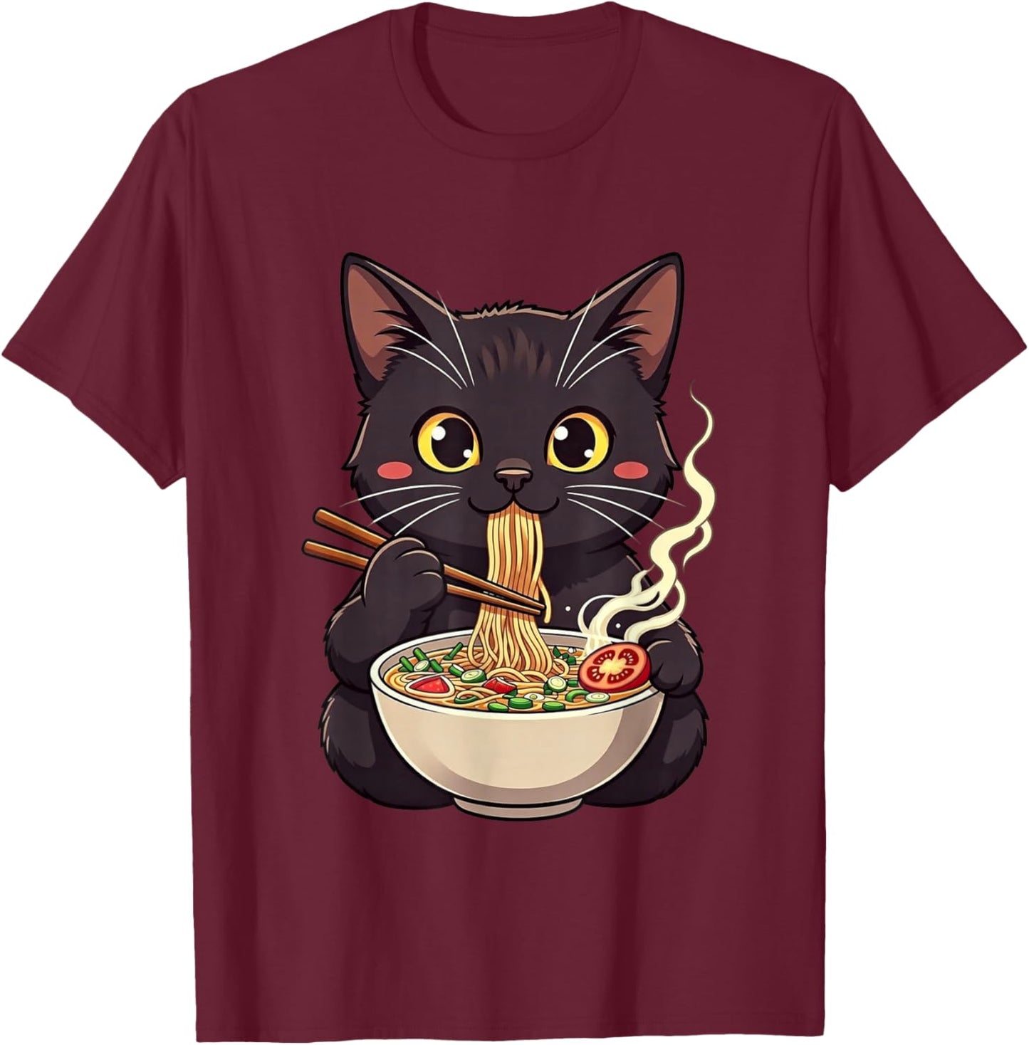 Cat Eating Ramen Cute Animal Cats Lovers T-Shirt - T-Shirt | Maroon