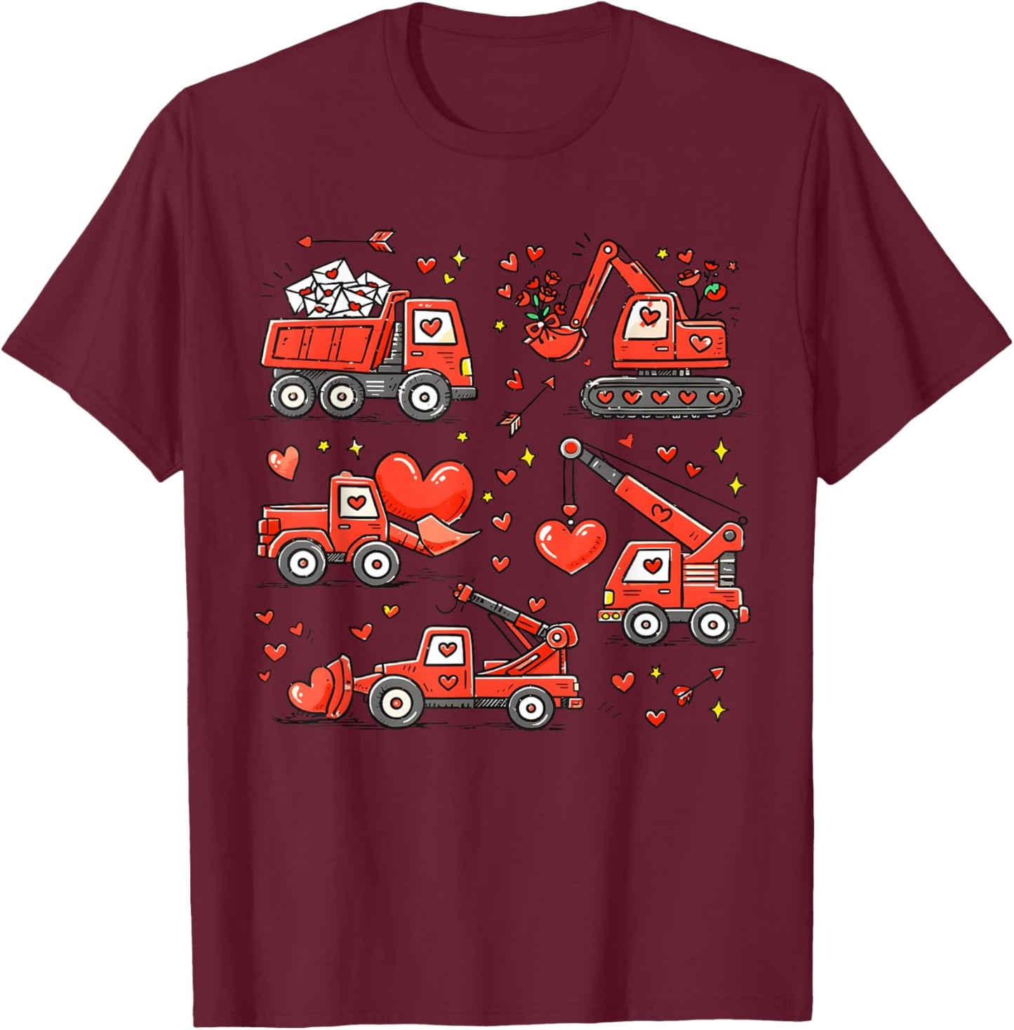 Kids Valentines Day Construction Trucks Funny Boys Kid T-Shirt - T-Shirt | Maroon