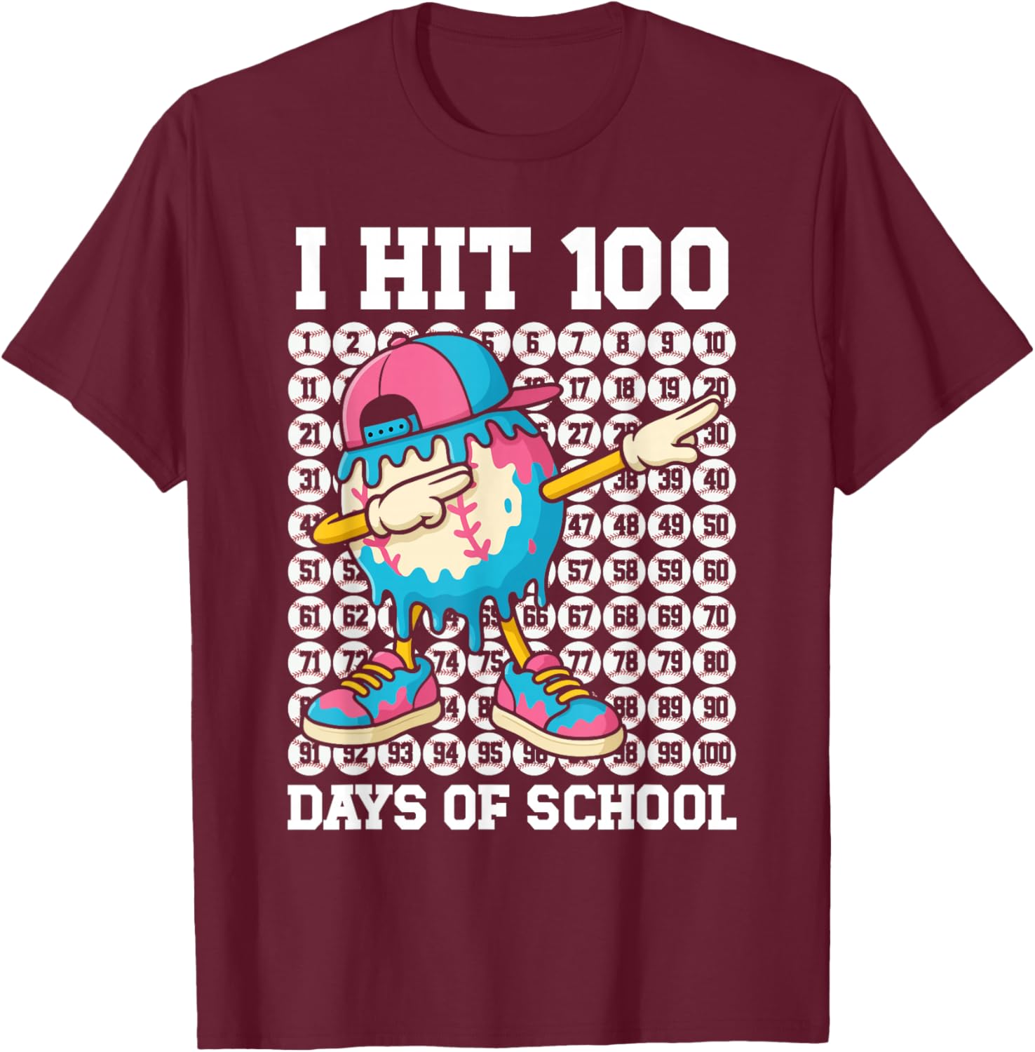 I Hit 100 Days of School Baseball Ice Cream Drip Boys Girls T-Shirt - T-Shirt | Maroon