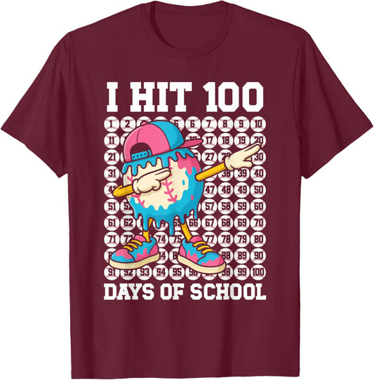 I Hit 100 Days of School Baseball Ice Cream Drip Boys Girls T-Shirt - T-Shirt | Maroon
