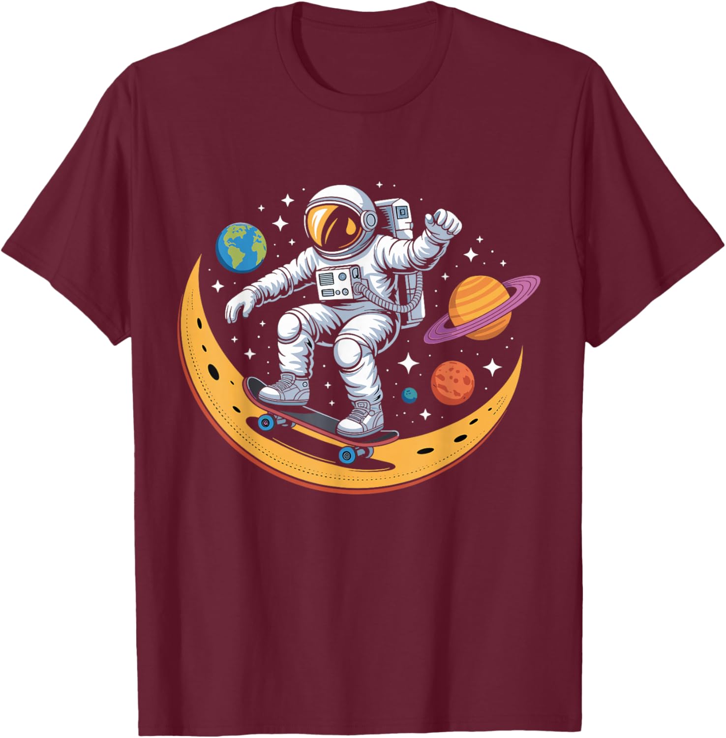Astronaut Skateboarding Space Moon Planets Kids T-Shirt - T-Shirt | Maroon