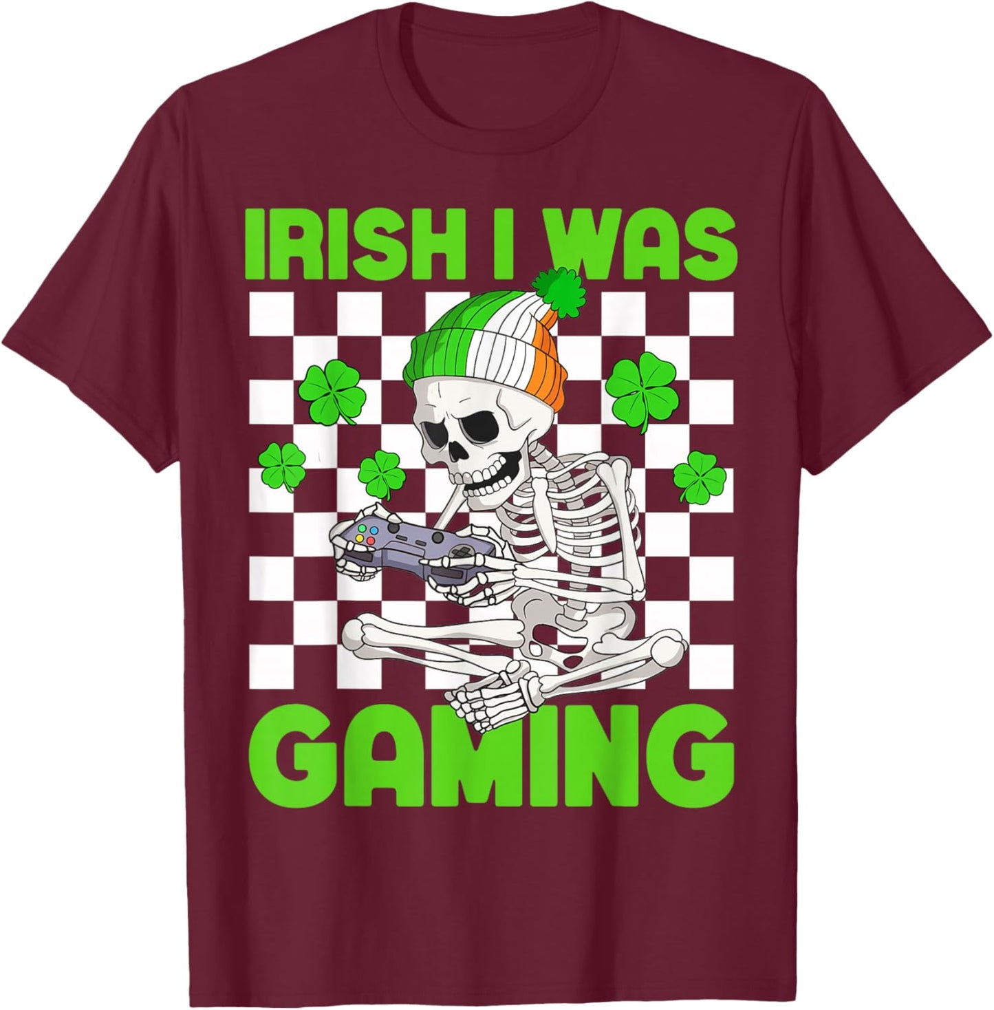 Irish I was Gaming Boys St Patricks Day Skeleton Gamer T-Shirt - T-Shirt | Maroon