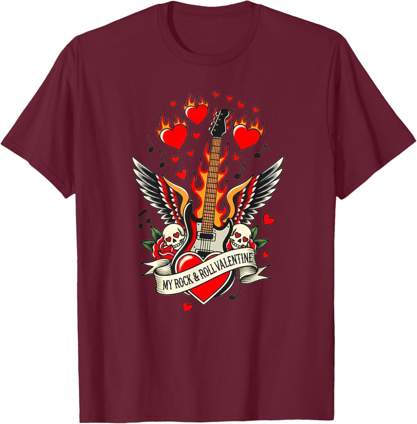 Valentine’s My Rock and Roll Valentine Guitar Wings Skulls T-Shirt - T-Shirt | Maroon