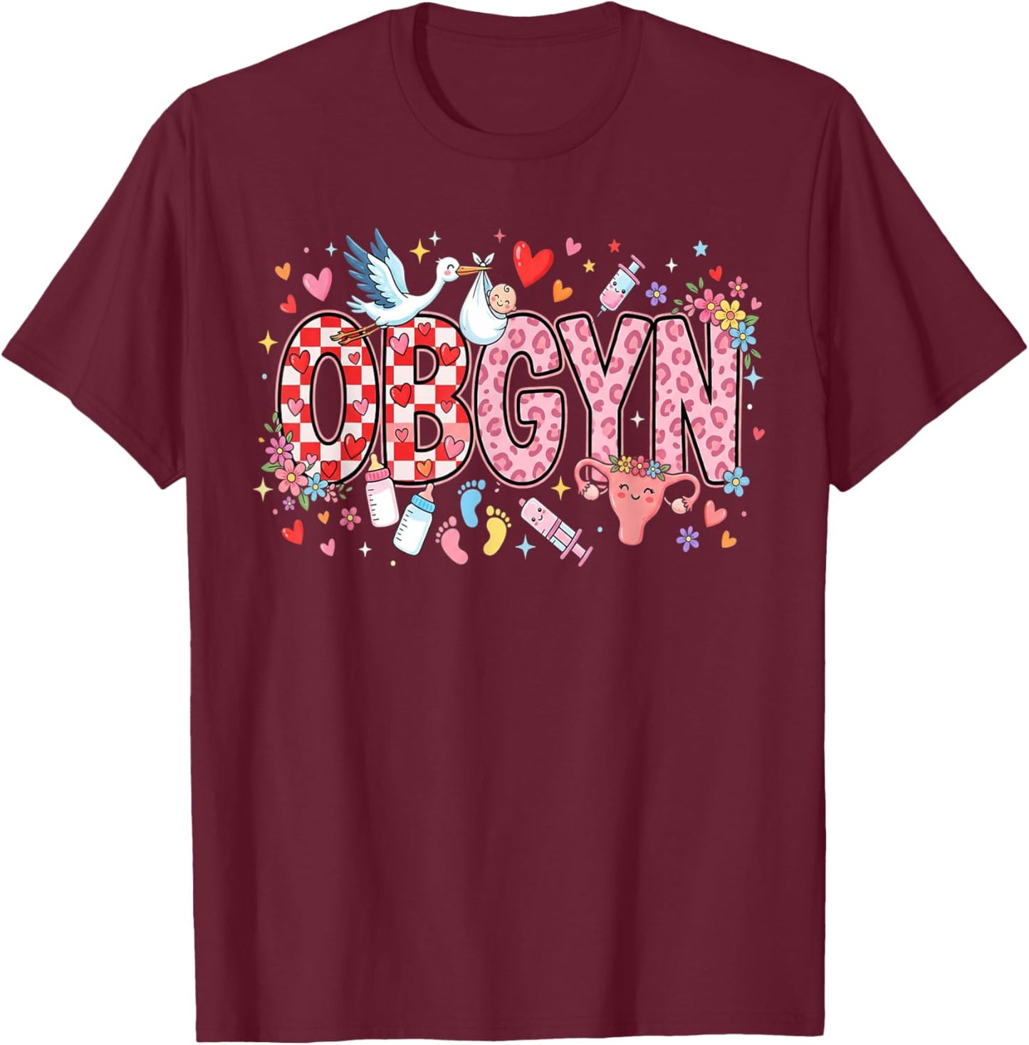 L&D Obstetrics Heart Nurse OBGYN Valentines Gynecology T-Shirt - T-Shirt | Maroon