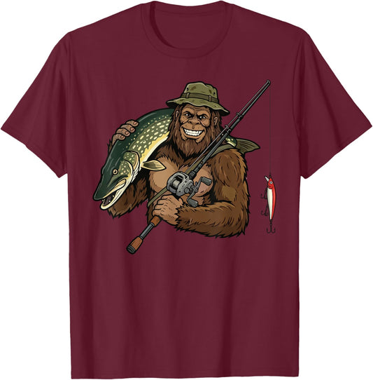 Northern Pike Fishing Funny Bigfoot T-Shirt - T-Shirt | Maroon