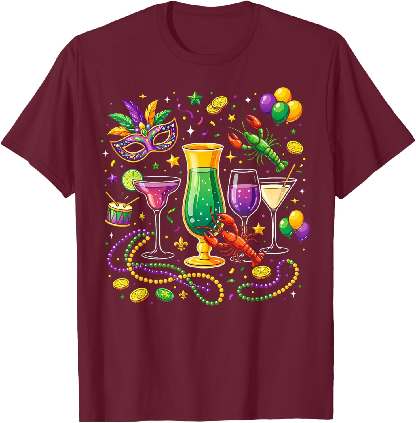 Fat Tuesday Mardi Gras Wine Glasses Drink Carnival Men Women T-Shirt - T-Shirt | Maroon