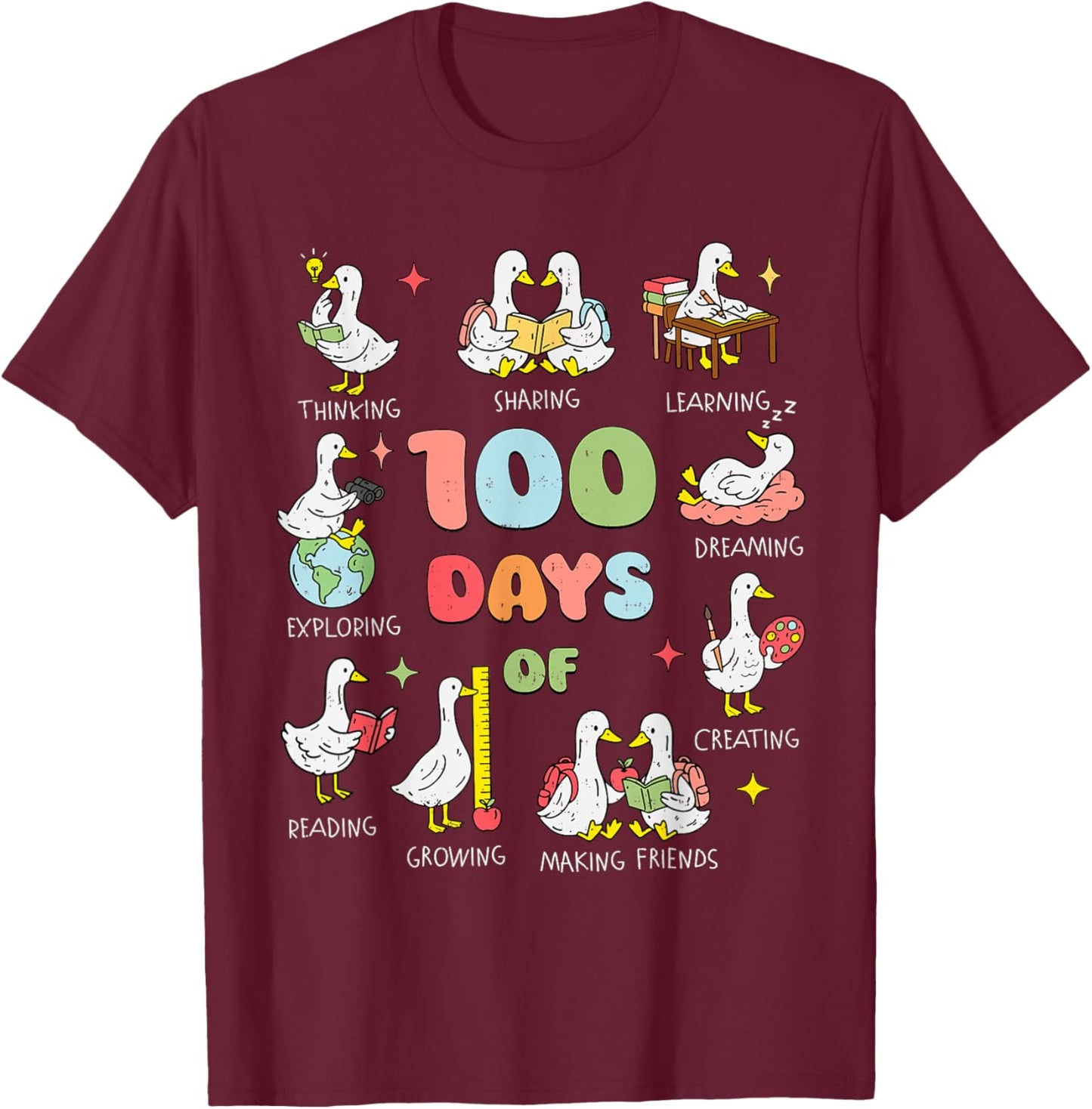 Happy 100 Days of School Girl Kids Goose 100th Day of School T-Shirt - T-Shirt | Maroon
