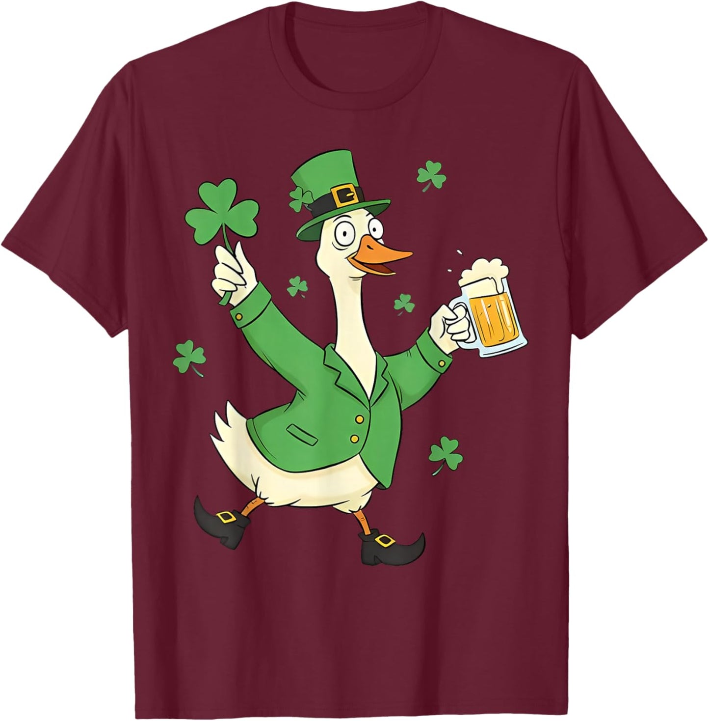 St Patrick’s Day Goose Funny Irish Goose Drinking Beer T-Shirt - T-Shirt | Maroon