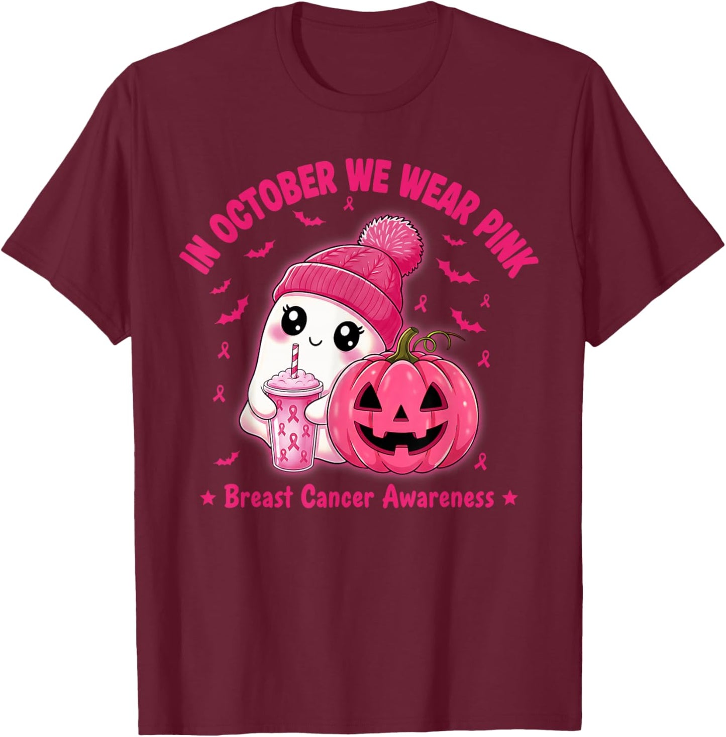 in October We Wear Pink Cute Ghost Breast Cancer Awareness T-Shirt - T-Shirt | Maroon