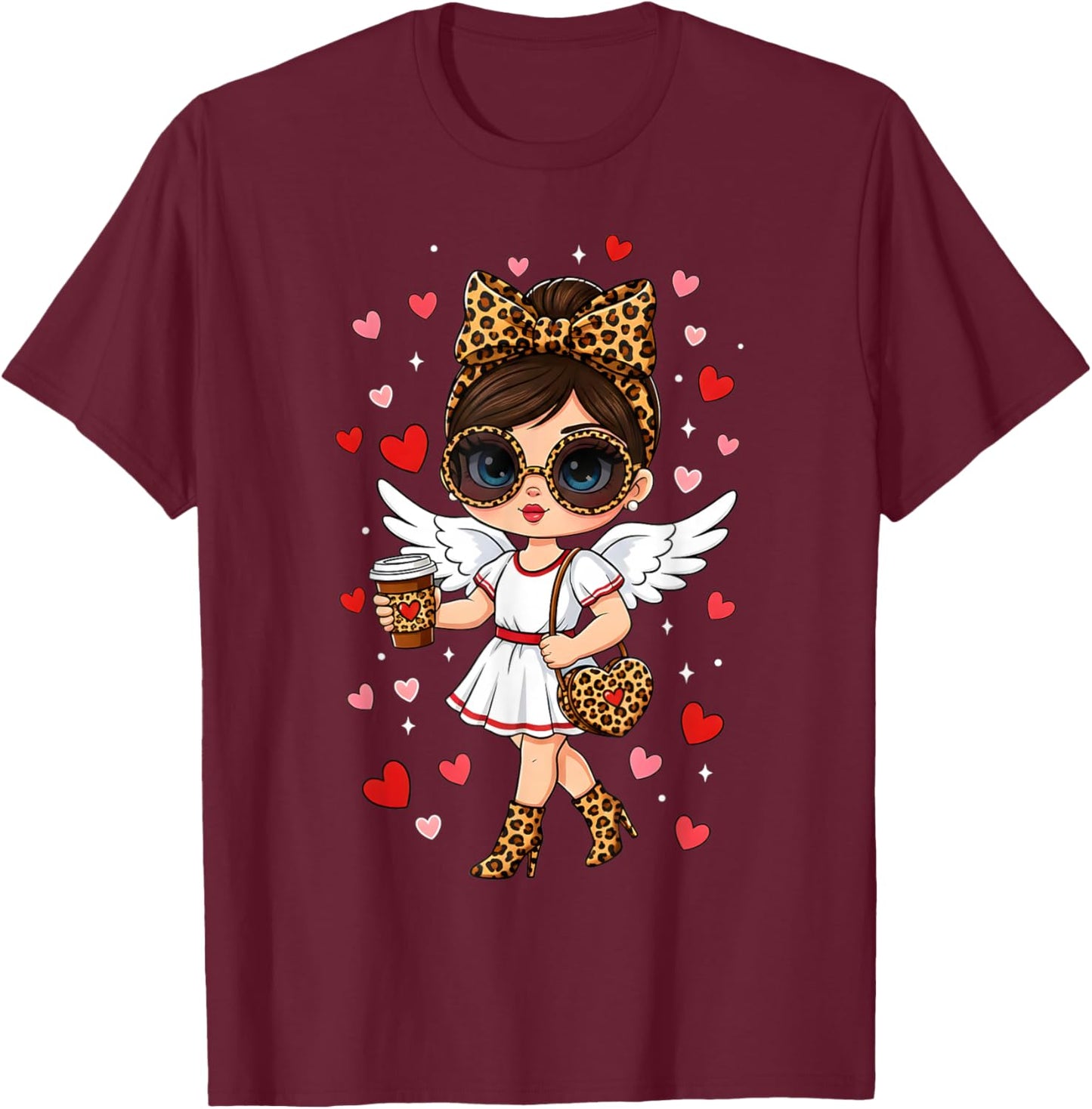 Leopard Cupid Drinking Coffee Valentines Day Women Heart T-Shirt - T-Shirt | Maroon