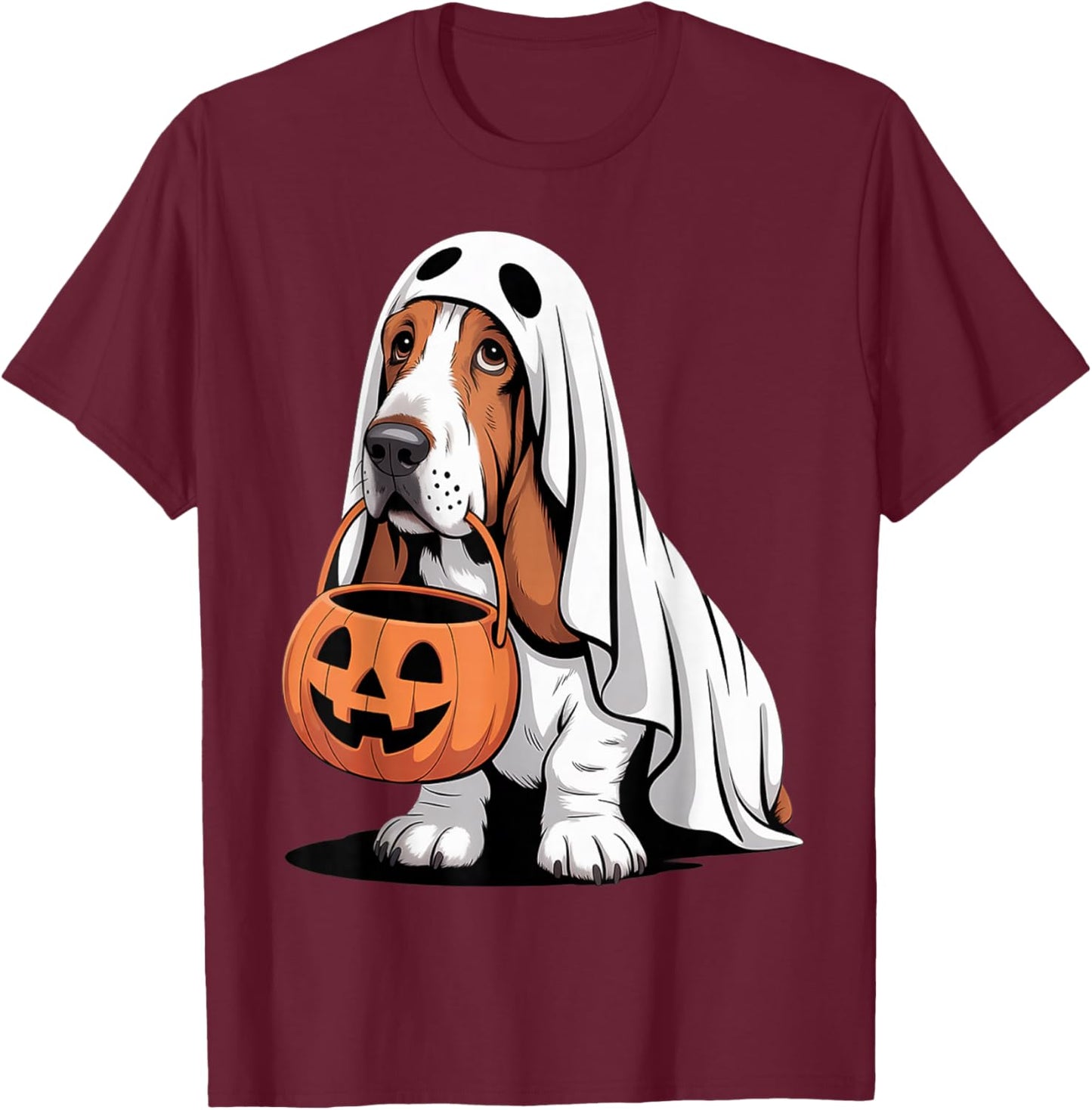 Cute Basset Hound Dog Ghost Costume with Pumpkin T-Shirt - T-Shirt | Maroon