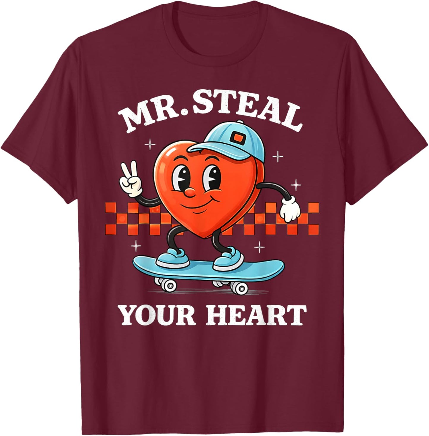 Valentines Day Mr. Steal Your Heart Skateboard Kids Boys T-Shirt - T-Shirt | Maroon