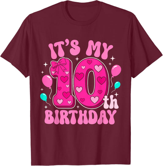 10 Year Old Pink Coquette Bow It's My 10th Birthday Girl T-Shirt - T-Shirt | Maroon